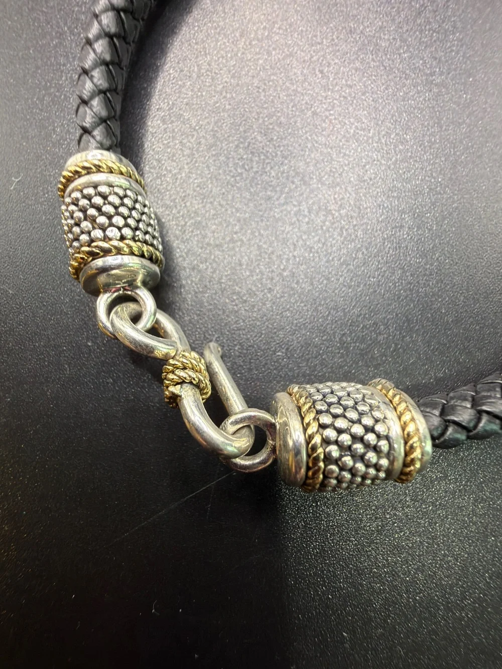 14K 925 STERLING SILVER LEATHER BRAIDED BRACELET UNISEX BLACK EDGY BIKER